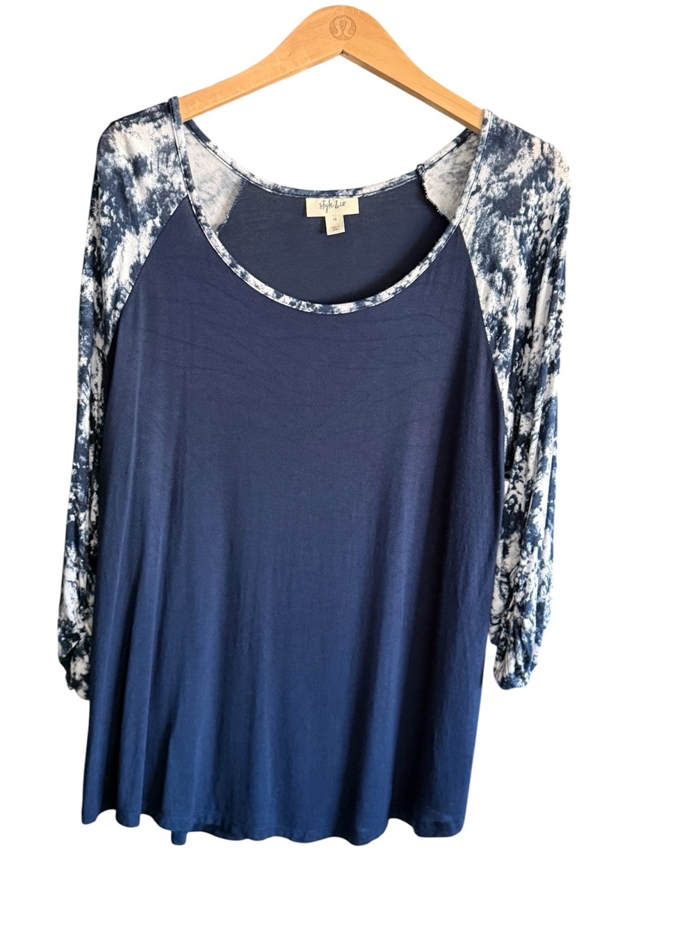 Style & Co. Navy Long-Sleeve Raglan Top with Tie-Dye Sleeves